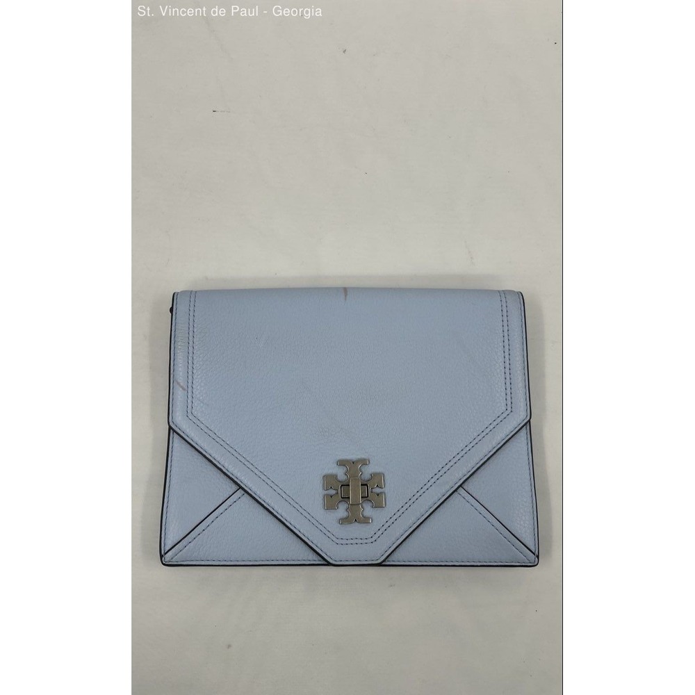 Tory Burch Kira Leather Envelope Convertible Clutch Crossbody Light Blue VG Read